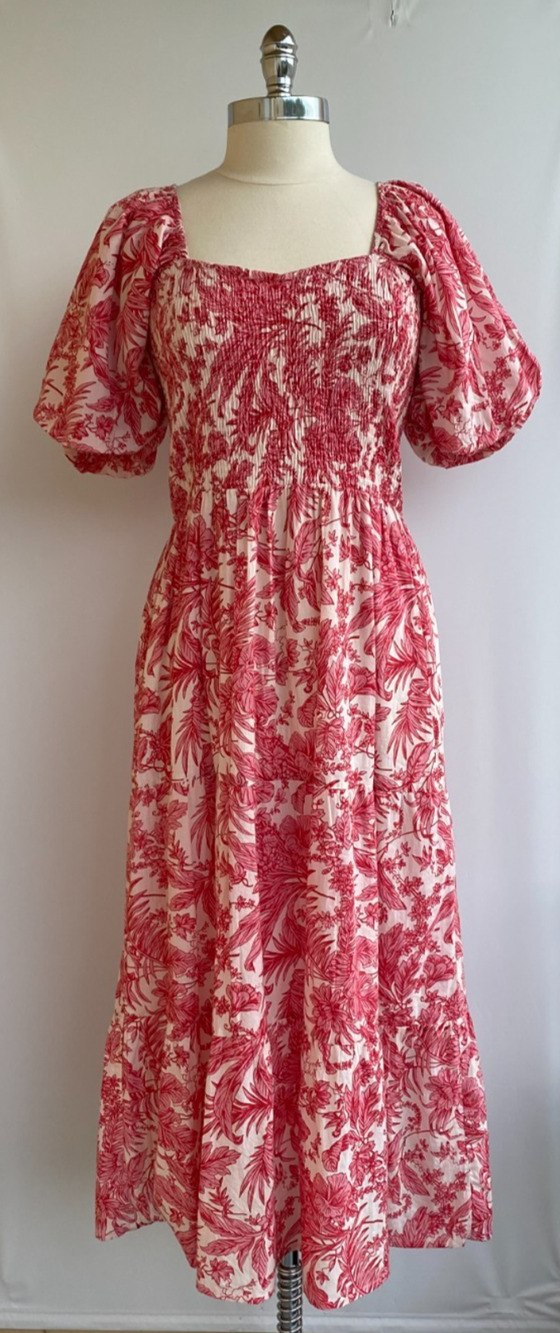 Anna Cate Mae Midi Dress Puff Sleeves 100% Cotton Boho Floral Pink sz L